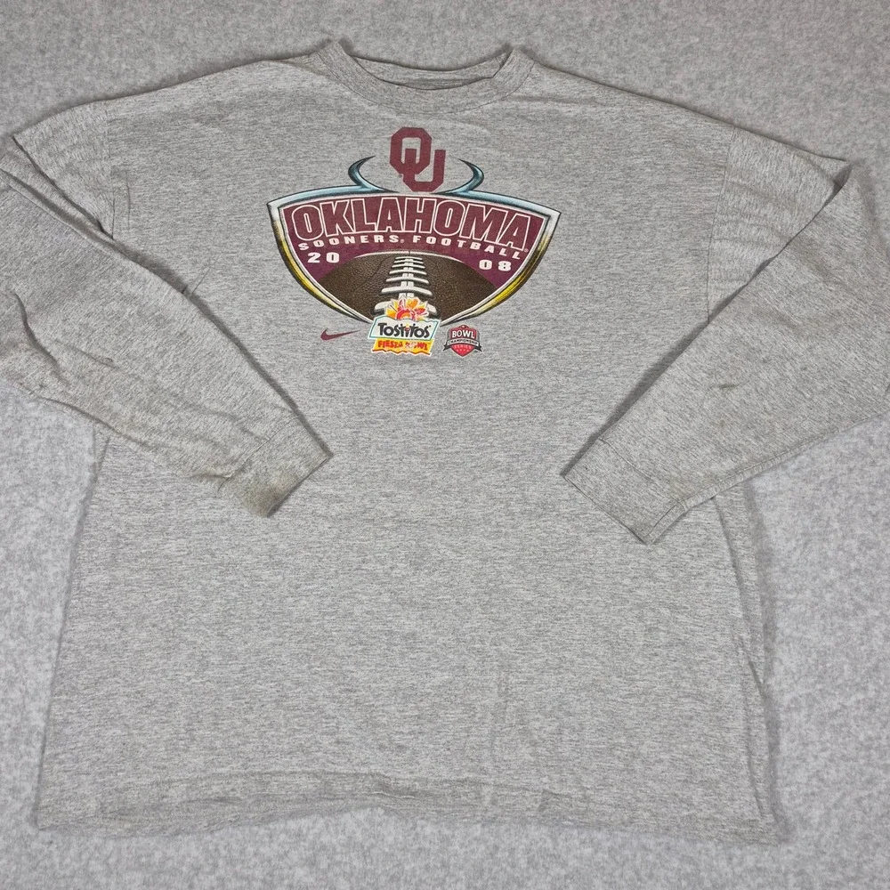 Nike T-Shirt Mens XL Gray Oklahoma Sooners Football 2008 Fiesta Bowl Long Sleeve